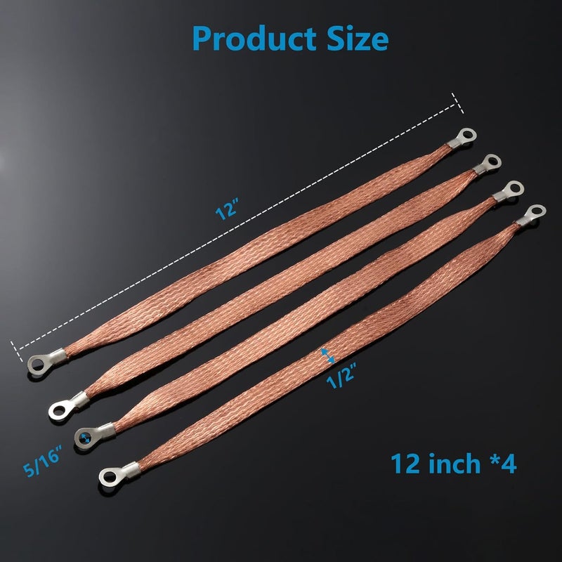 Jeyoon 4PCS Universal Automotive Flat Braided Copper Ground Strap, 12" x 1/2" Professional Engine Grounding Cable Straps with Terminal Plugs,Vehicle Ground Strap, Tinned Copper Grounding Strap Wire for Cars - Image 2